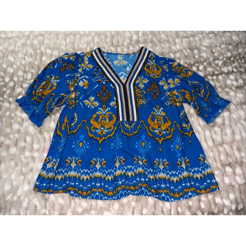 blue boho tunic orange white paisley print V-neckline Embroidered OSFM